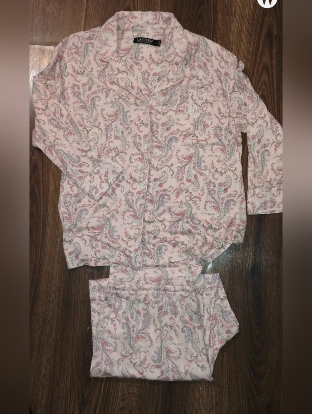 Ralph Lauren Pink Paisley Button-Front Pajama Set with Blue and Cream Accents